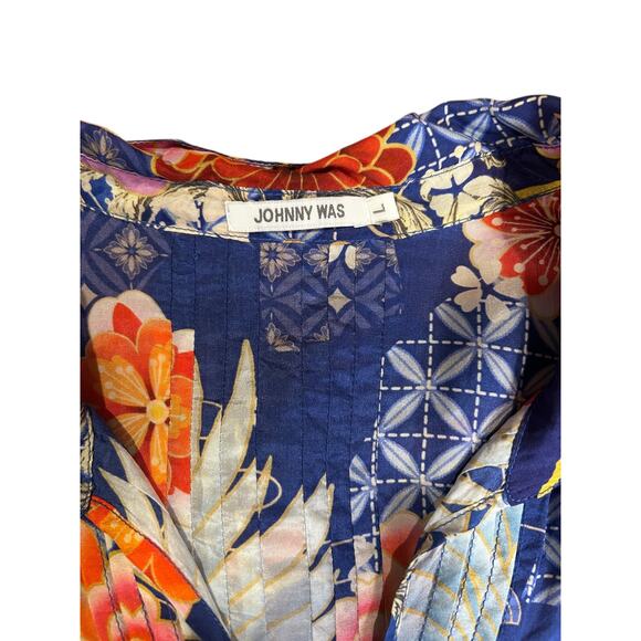 JOHNNY WAS Blue Pajaro Coddi 100% Silk Blue Floral Tunic Boho Top Women's LARGE - Picture 6 of 14
